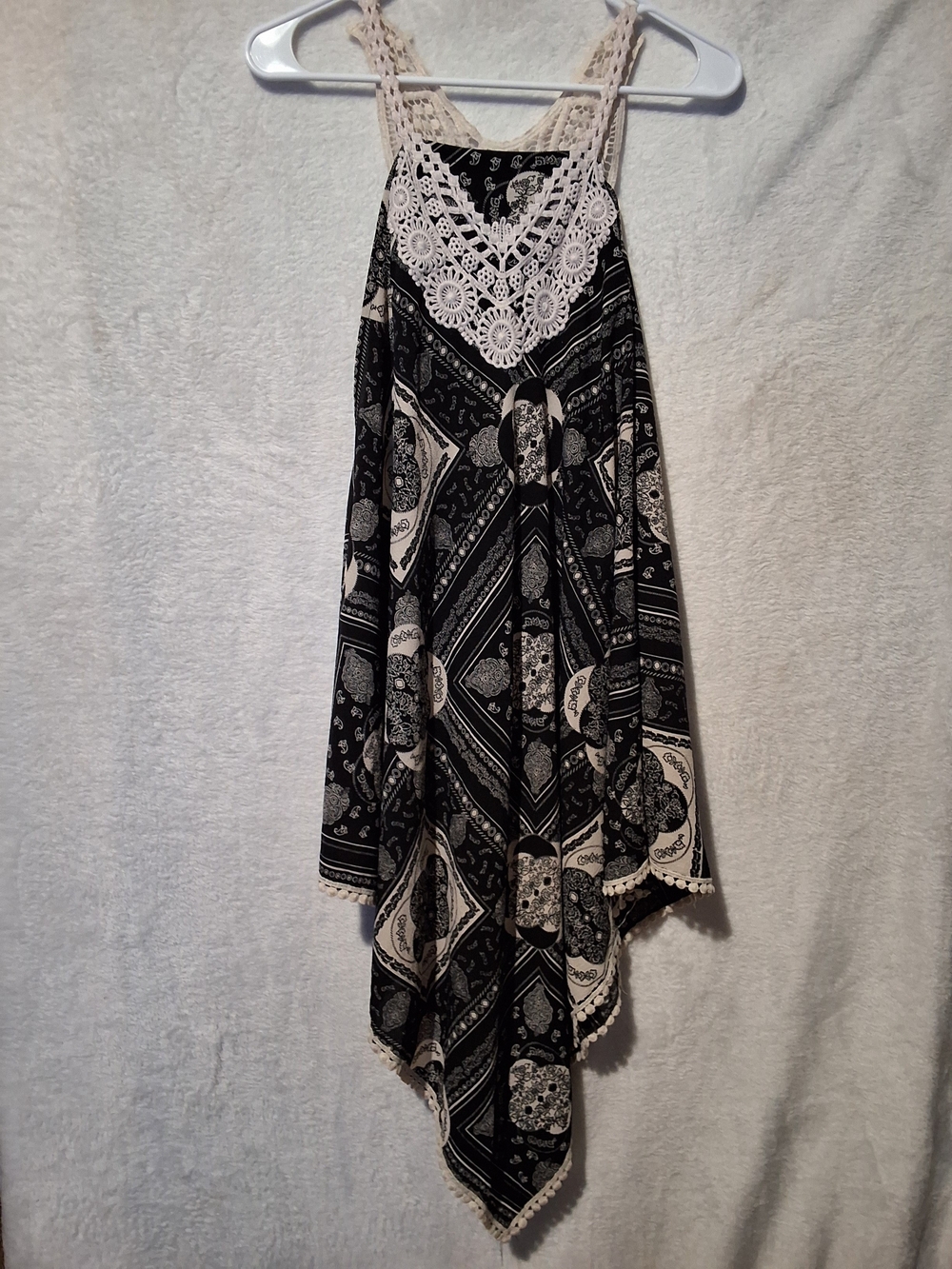 Mudd Black and White Asymmetrical Crochet-Trim Dress